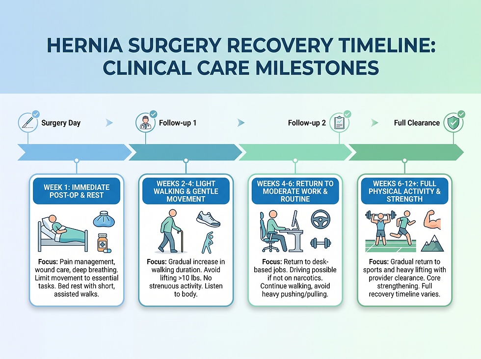 Hernia surgery recovery timeline with clinical care milestones from surgery day through full clearance at 6 to 12 weeks