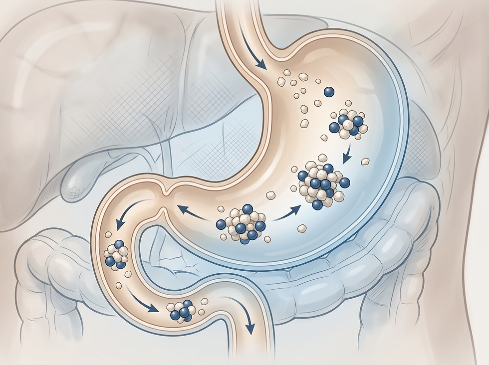 Conceptual illustration of phosphate binders intercepting minerals in the digestive tract