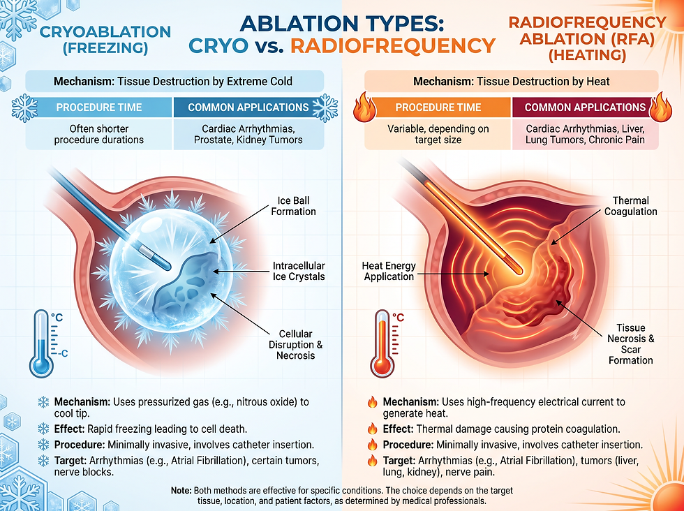 Clinical comparison of cryoablation (freezing) and radiofrequency ablation (heating), showing ice ball formation versus thermal coagulation