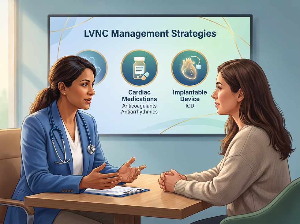 Visual representation of management strategies for LVNC, including cardiac medications and implantable devices