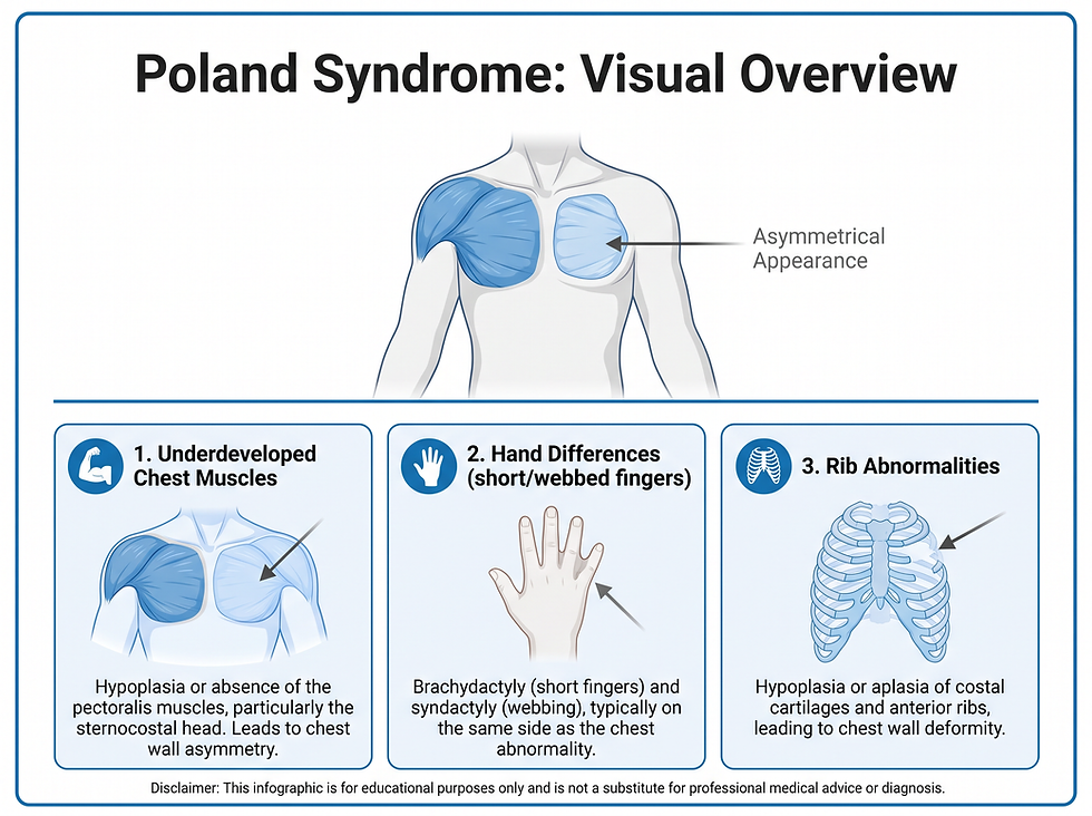 Poland Syndrome visual overview: asymmetrical chest, hand differences, and rib abnormalities