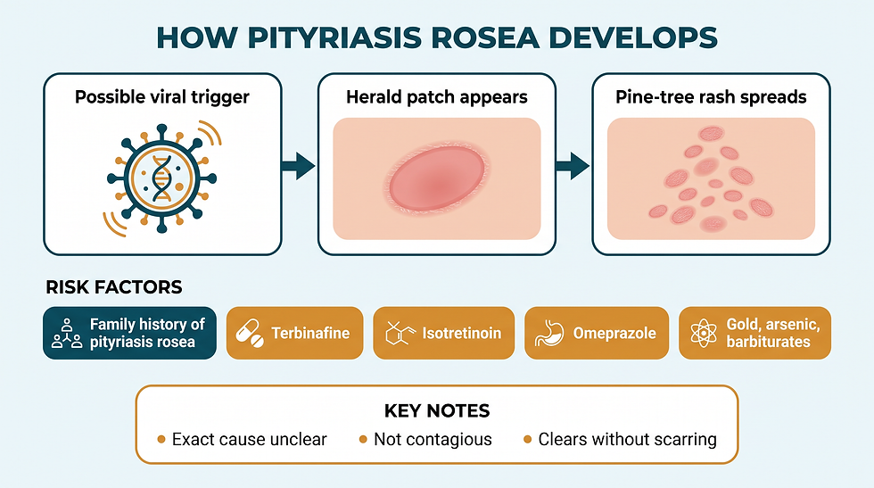How pityriasis rosea develops, from a possible viral trigger through the herald patch to the pine-tree rash