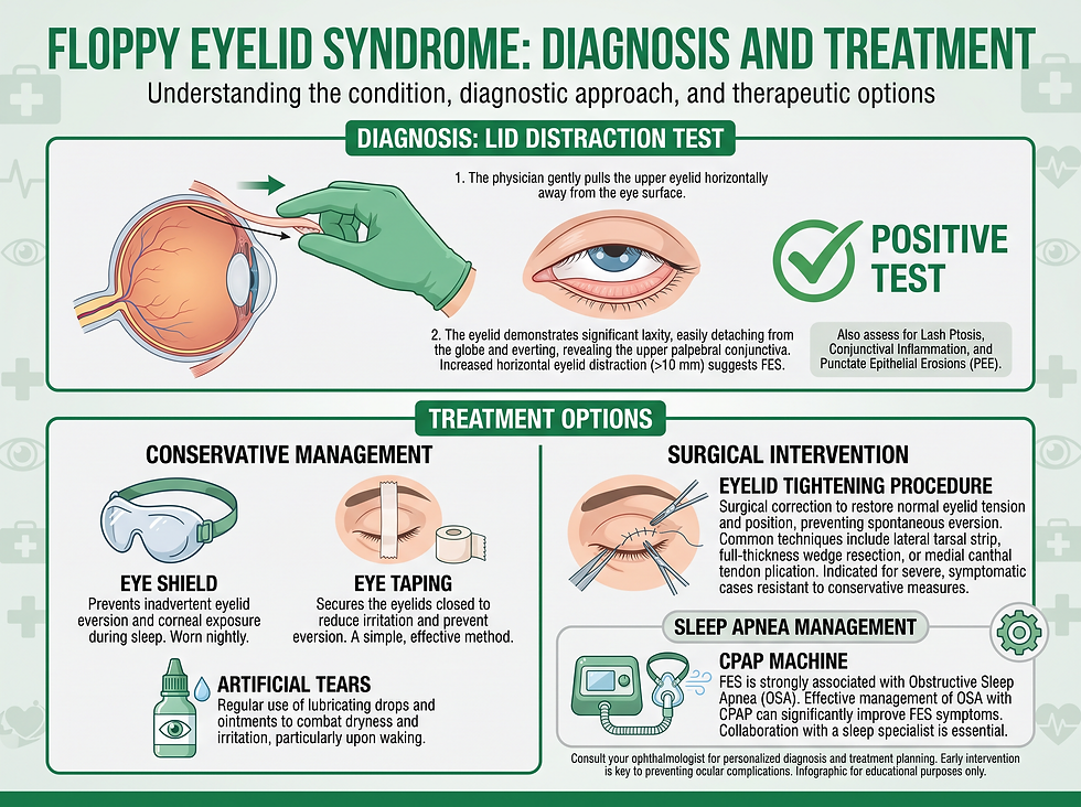 Floppy Eyelid Syndrome diagnosis and treatment — lid distraction test, eye shield, taping, artificial tears, eyelid tightening, and CPAP