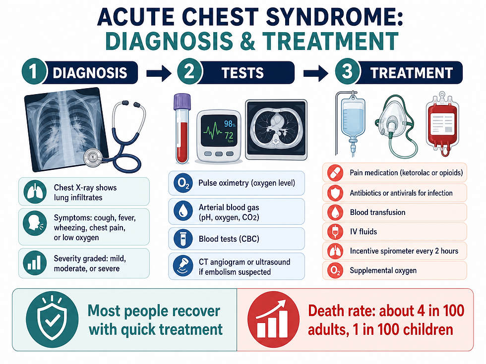 The hospital pathway for acute chest syndrome from chest X-ray diagnosis and lab testing through pain medication, transfusions, fluids, spirometry, and oxygen, with outcomes data showing most people recover with quick treatment.