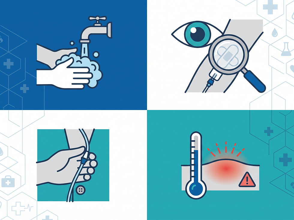 Four-panel infographic on central line care: hand washing, site inspection, keeping the line secure, and watching for fever or redness