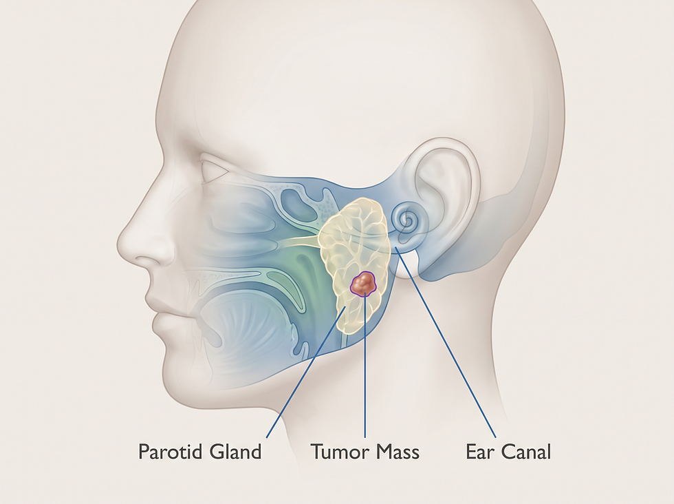 Medical diagram showing the parotid gland in front of the ear, with a tumor mass inside the gland and the ear canal labeled