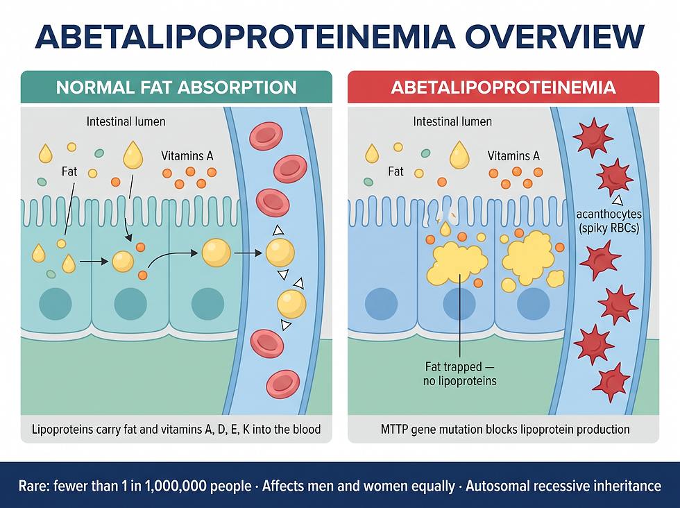 Abetalipoproteinemia overview: normal fat absorption compared with blocked fat absorption showing fat trapped in intestinal cells and spiky acanthocytes