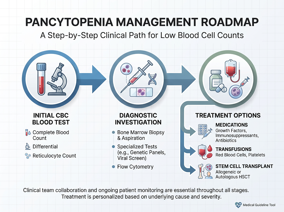Infographic showing the care path for pancytopenia, from initial blood tests to advanced treatments.