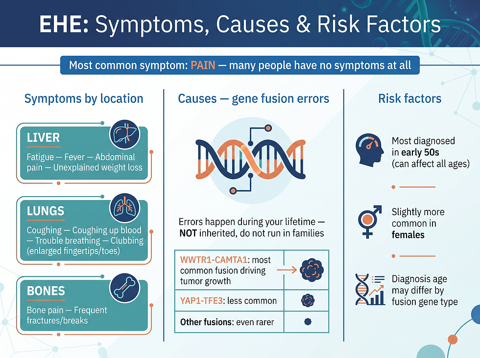 Infographic of epithelioid hemangioendothelioma symptoms and causes: fatigue, pain, breathing problems and the gene fusion behind the tumor