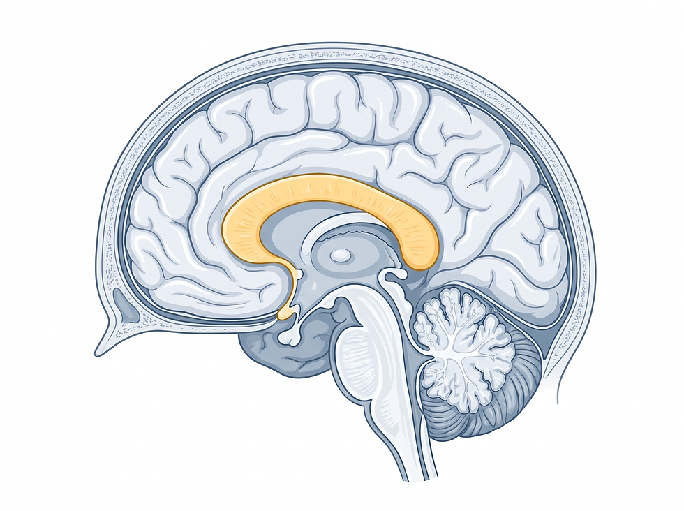 Cross-section of the human brain with the C-shaped corpus callosum highlighted between the two hemispheres