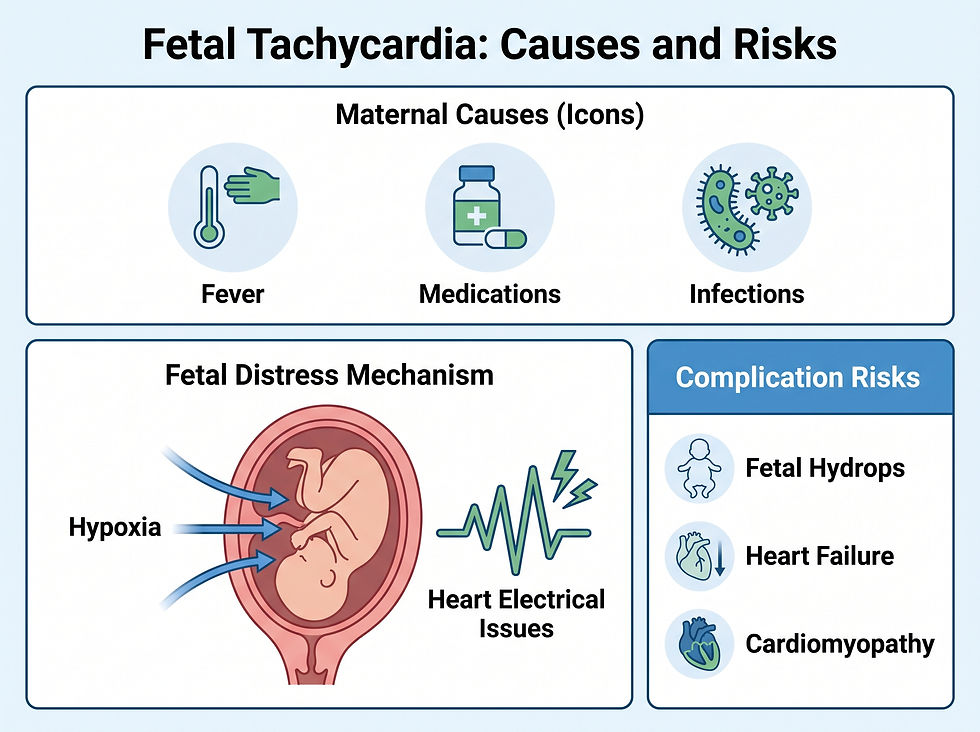 Fetal tachycardia causes and risks showing maternal causes (fever, medications, infections), the fetal distress mechanism of hypoxia and heart electrical issues, and complication risks including fetal hydrops, heart failure and cardiomyopathy