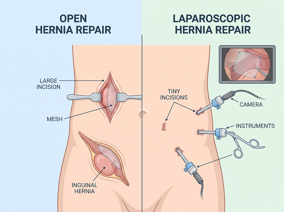 Comparison of open hernia repair with a large incision and mesh versus laparoscopic hernia repair with tiny incisions, camera, and instruments