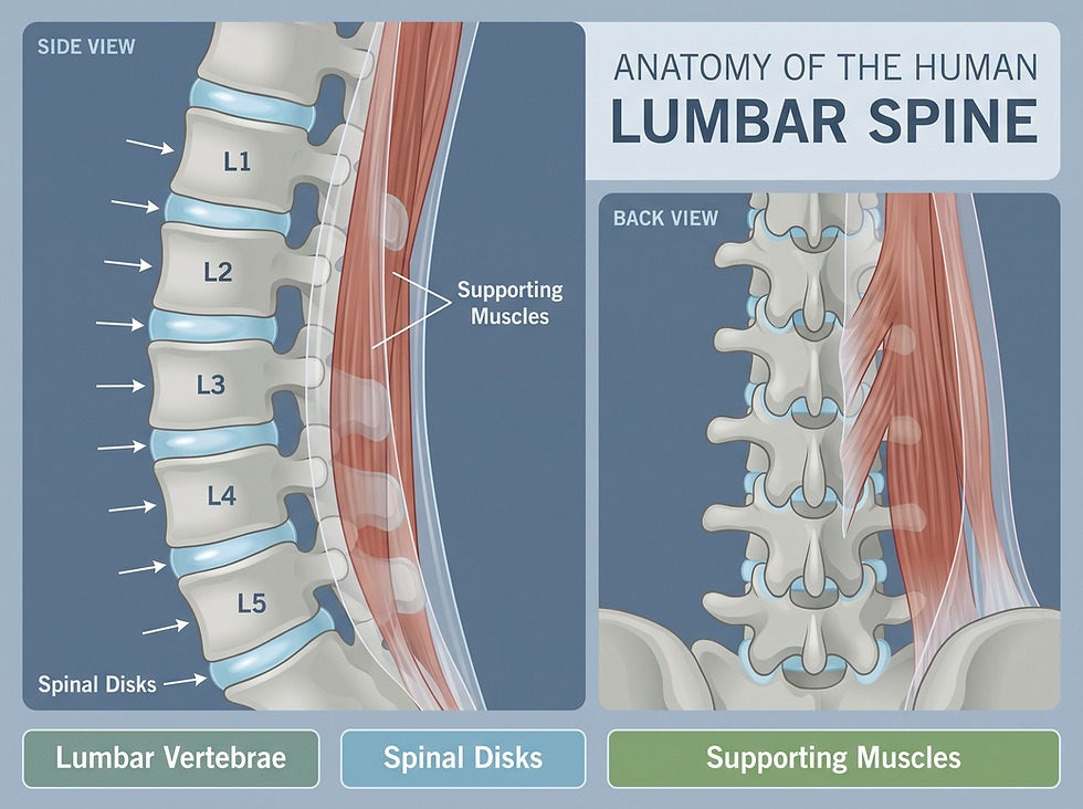 A professional medical infographic illustrating the anatomy of the lumbar spine, highlighting the vertebrae, disks, and the muscles that support the lower back.