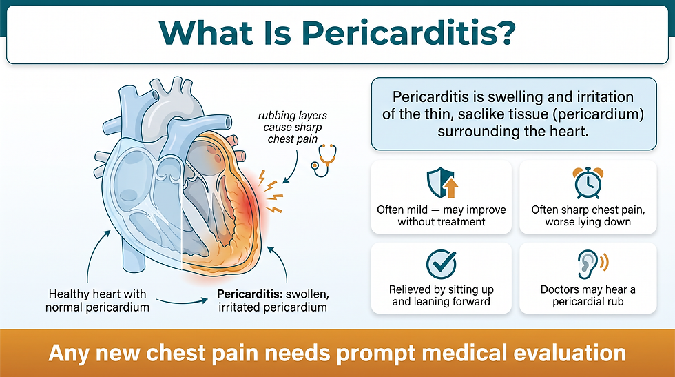 What is pericarditis: inflammation of the pericardium causing sharp chest pain, with key facts