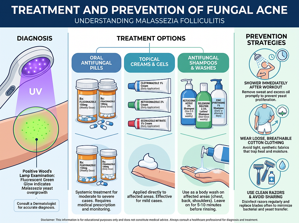 Treatment and prevention of fungal acne: Wood's lamp diagnosis, oral antifungals, topical creams, antifungal shampoos and prevention strategies