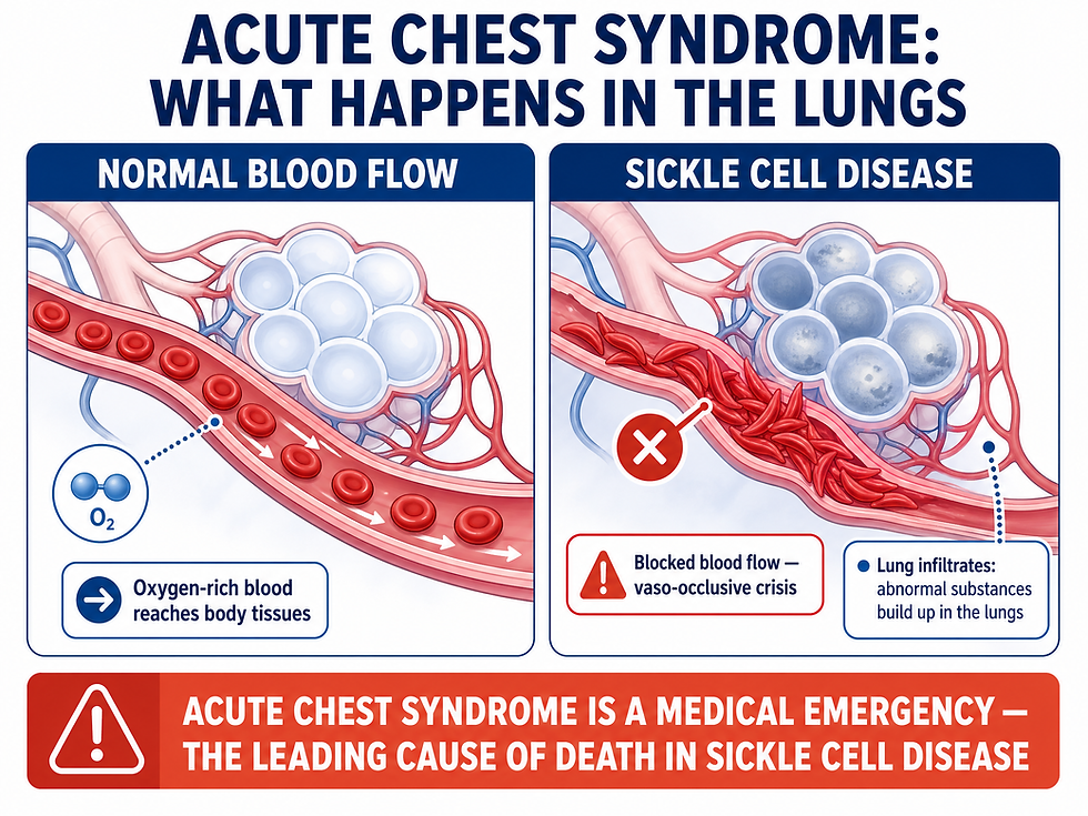 Comparison of normal lung blood flow versus sickle cell disease blockage, showing how stuck sickle-shaped cells cause a vaso-occlusive crisis and a buildup of abnormal substances (lung infiltrates) in the lungs.