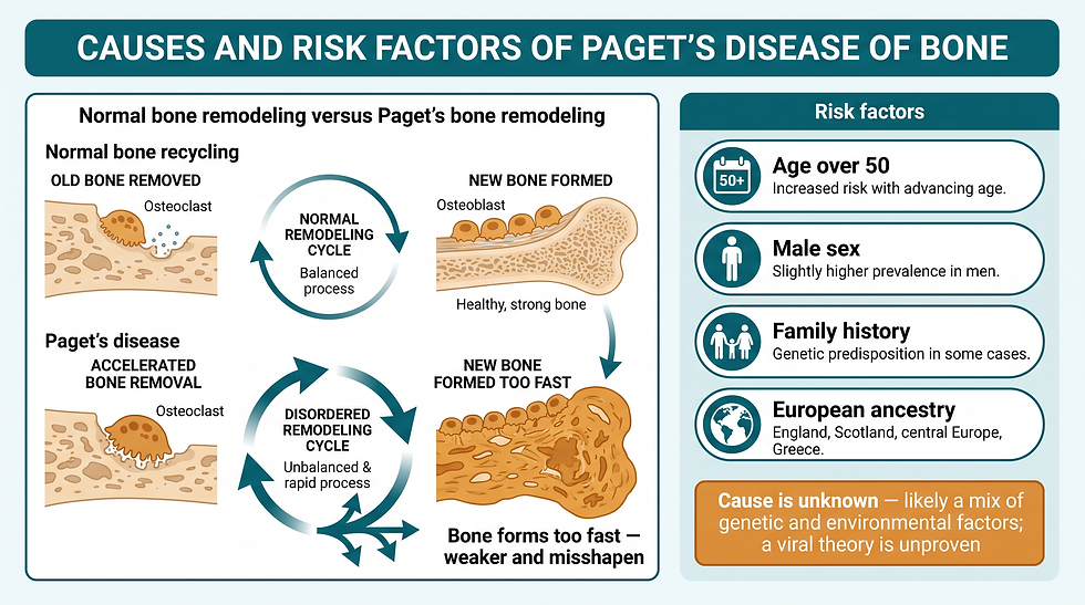 Causes and risk factors of Paget's disease of bone — diagram of the disordered bone remodeling cycle and a grid of risk factors including age, sex, family history, and European ancestry