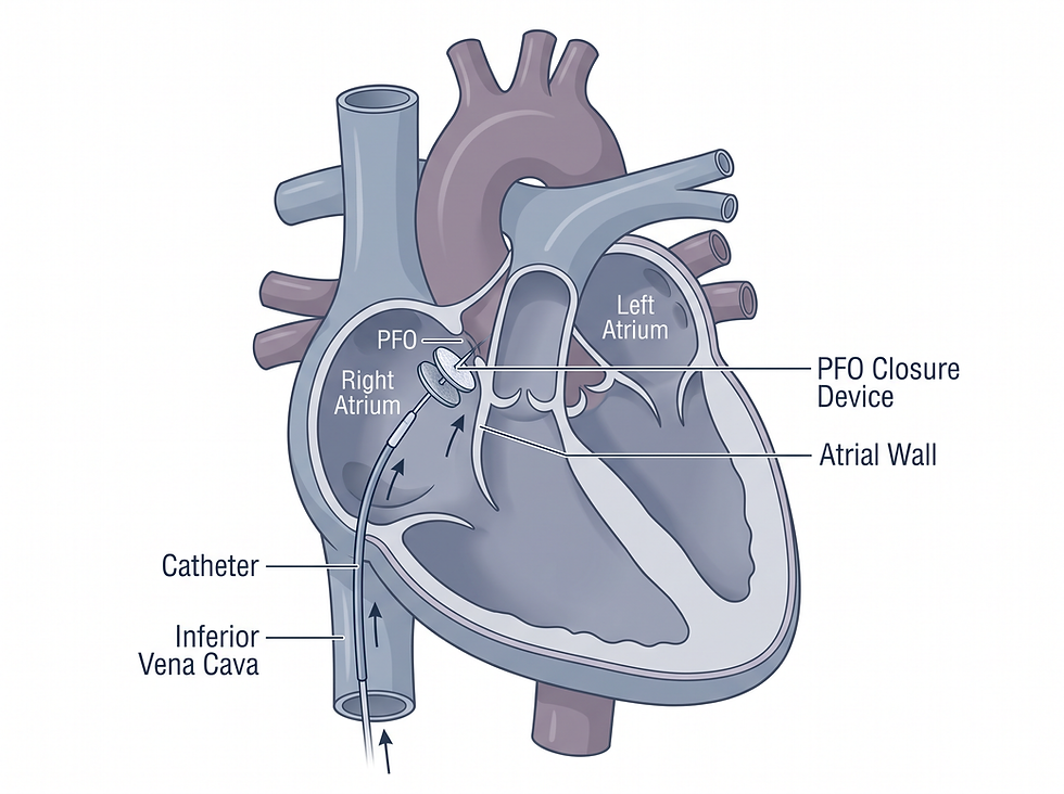 Catheter-based PFO closure procedure: catheter advancing through the inferior vena cava to place a closure device across the PFO