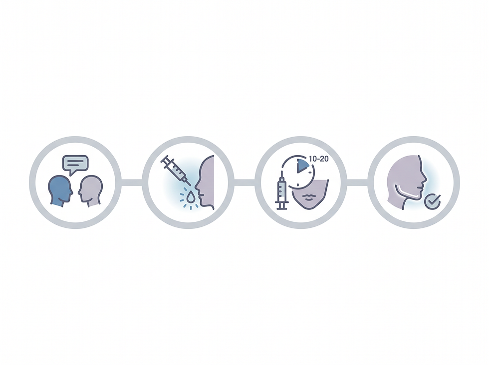 Infographic timeline of a jawline filler procedure from consultation and numbing to immediate results and a 24-hour recovery window
