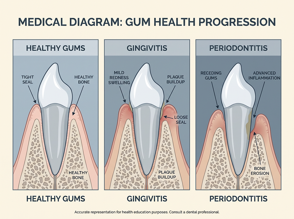 Diagram comparing healthy gums, gingivitis, and periodontitis with labeled changes in gums and bone