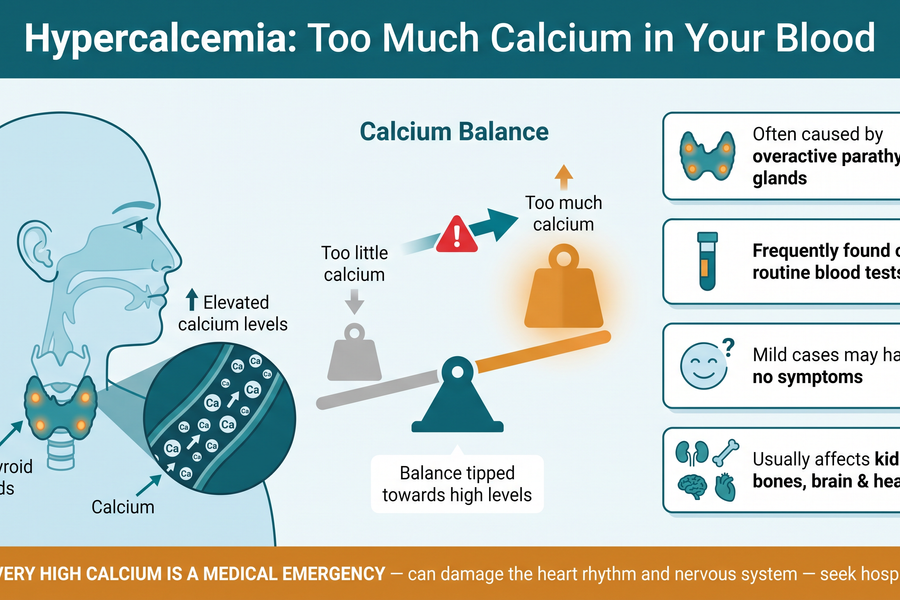 What is hypercalcemia — calcium balance, the parathyroid glands, and the medical emergency warning for very high calcium.