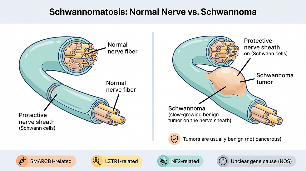 Schwannomatosis diagram comparing a normal nerve and nerve sheath to a nerve with a schwannoma tumor, showing the four gene-related types