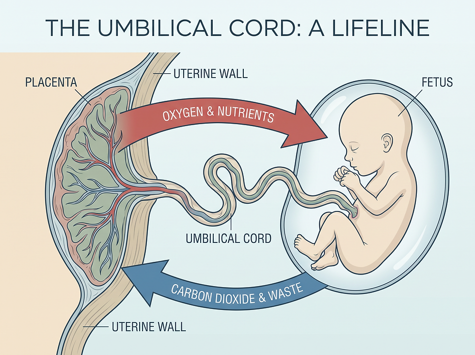 Illustration titled The Umbilical Cord: A Lifeline, showing the placenta, cord and fetus, with oxygen and nutrients flowing to the fetus and carbon dioxide and waste flowing back to the placenta