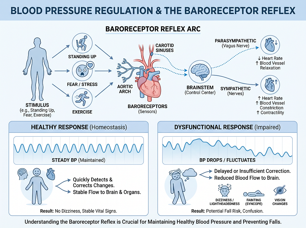 An educational infographic comparing a healthy baroreceptor reflex response to a dysfunctional one, highlighting common triggers and symptoms like dizziness.