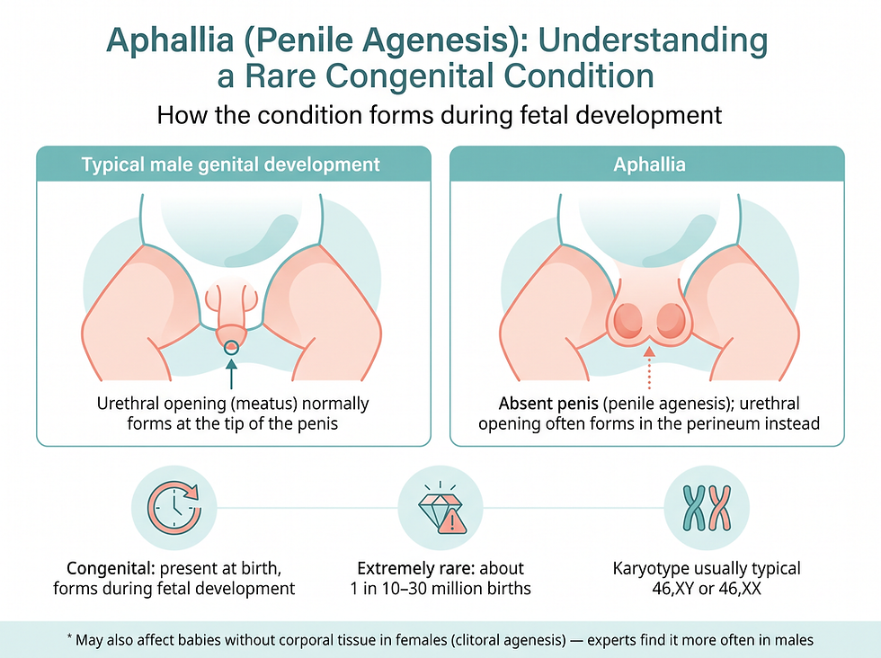Aphallia (penile agenesis) compared with typical male genital development, with key facts on timing, rarity, and chromosomes