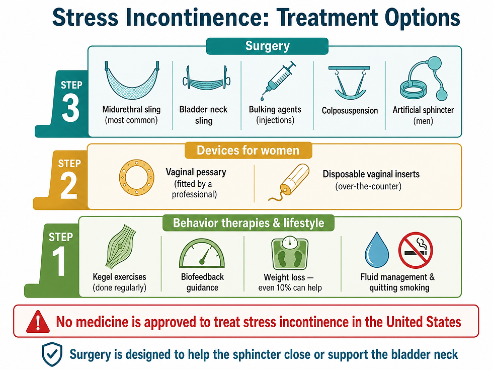 Stress incontinence treatment ladder: pelvic floor (Kegel) exercises, fluid management, and lifestyle changes, through devices (pessary and disposable inserts) to surgical procedures