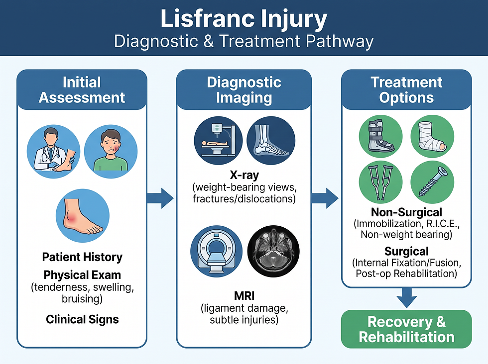 Lisfranc injury diagnostic and treatment pathway: initial assessment, diagnostic imaging with X-ray and MRI, and non-surgical or surgical treatment options leading to recovery and rehabilitation.