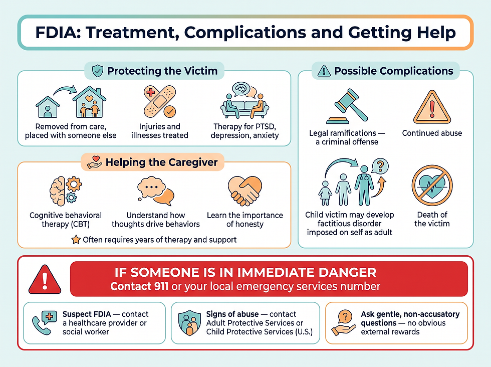 Infographic of FDIA treatment, complications and getting help: protecting the victim, helping the caregiver and when to contact 911