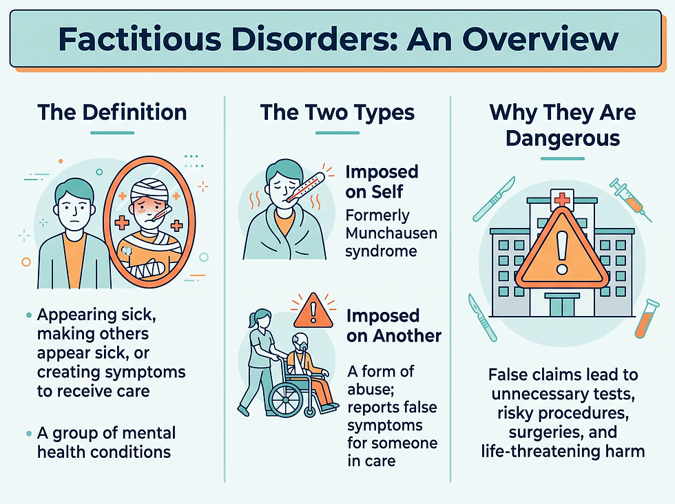 Infographic explaining factitious disorders: the definition, the two main types and why they are dangerous
