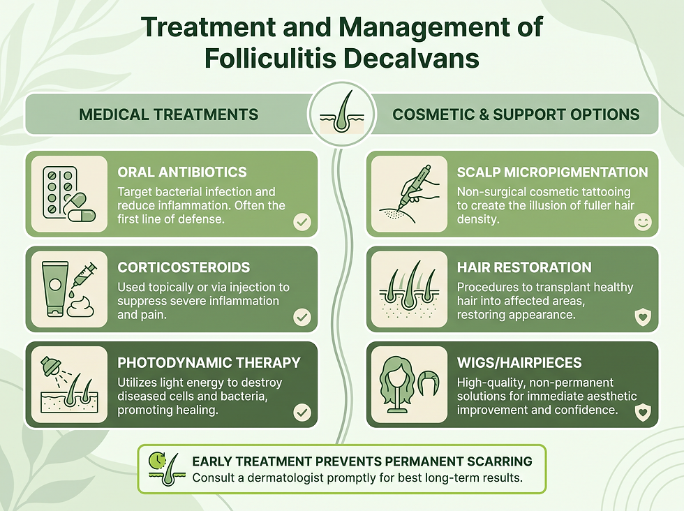 Treatment and management of folliculitis decalvans: oral antibiotics, corticosteroids, photodynamic therapy, scalp micropigmentation, hair restoration, and wigs