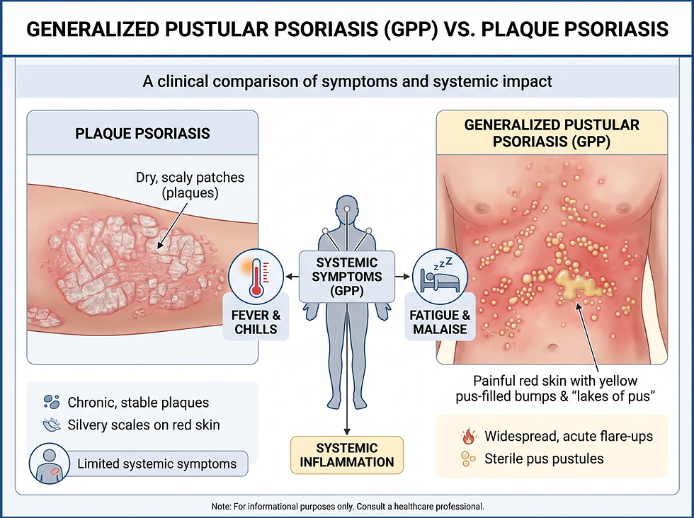 Generalized pustular psoriasis compared with plaque psoriasis: scaly plaques versus pus-filled pustules and systemic symptoms