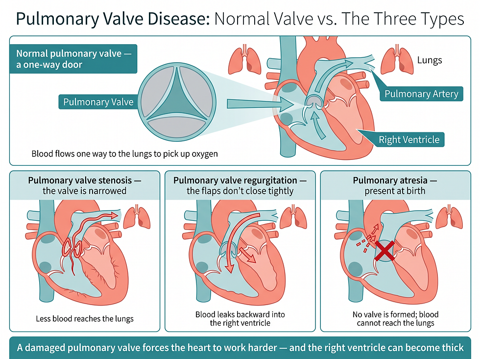 Normal pulmonary valve compared with stenosis, regurgitation, and atresia
