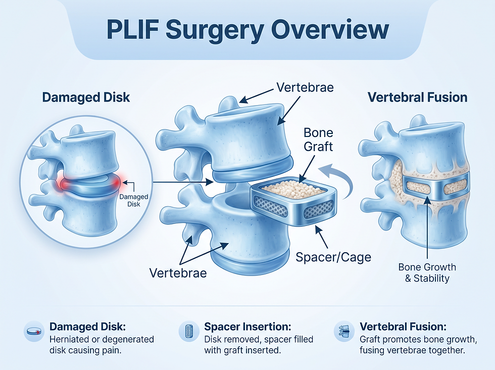Diagram of PLIF surgery showing disk removal, spacer insertion, and vertebral fusion