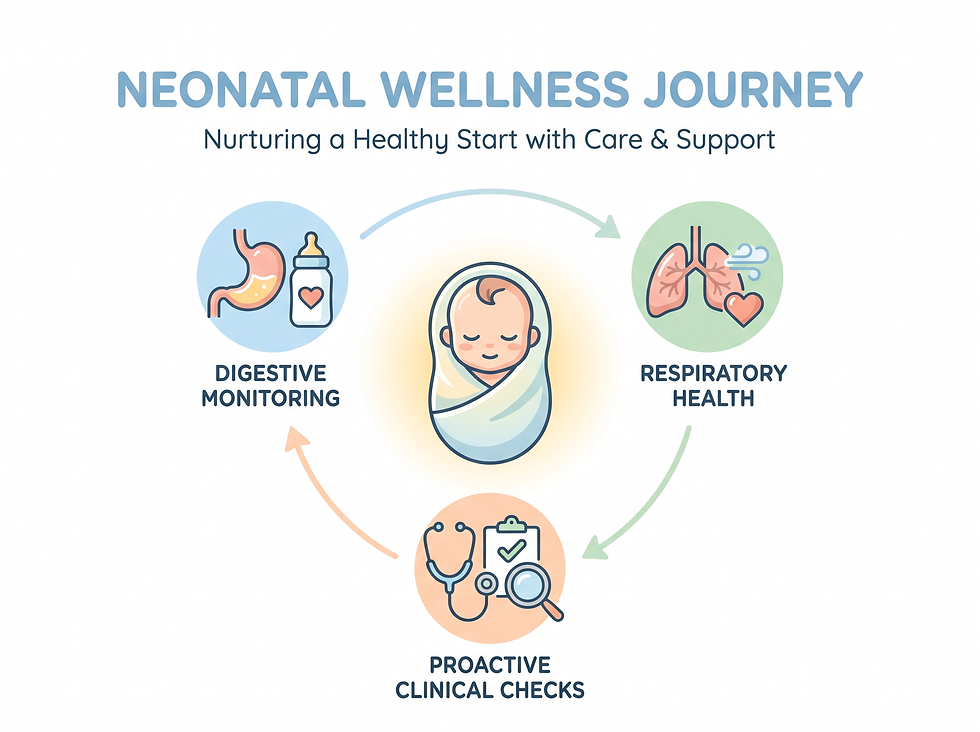 Figure 3: Key pillars of neonatal wellness, emphasizing digestive monitoring and respiratory health during the first 48 hours.
