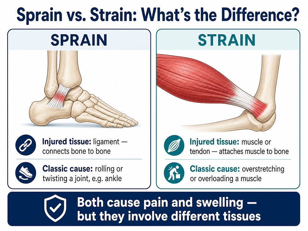 Sprain vs strain difference: a sprain injures the ligament connecting bone to bone, typically from rolling or twisting a joint; a strain injures a muscle or tendon, typically from overstretching or overloading a muscle