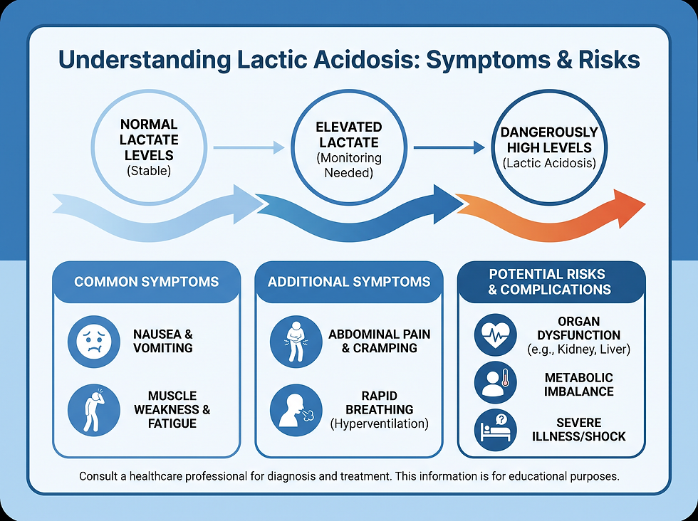 Infographic detailing the symptoms and risks of lactic acidosis