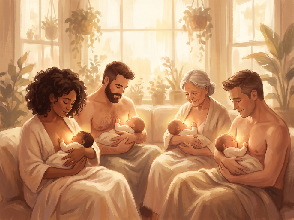 Illustration of diverse caregivers, including mothers and fathers, practicing kangaroo care with newborns
