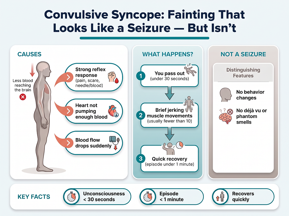 Convulsive syncope: blood flow drop to the brain, fainting, and brief jerking movements, with the seizure comparison panel