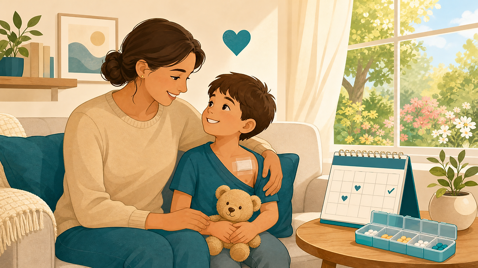 A hopeful illustration of a parent and a young child sitting together on a sofa after heart care — the child has a small chest bandage and holds a teddy bear — with a family calendar and a pill organizer on the side table suggesting follow-up care, and a bright garden visible through the window. Image: rinnit.com