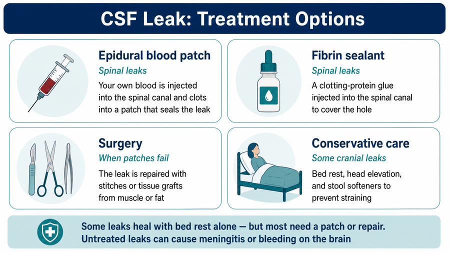 CSF leak treatment options: epidural blood patch for spinal leaks (your own blood injected into the spinal canal clots into a patch that seals the leak), fibrin sealant for spinal leaks (a clotting-protein glue injected to cover the hole), surgery when patches fail (repair with stitches or tissue grafts from muscle or fat), and conservative care for some cranial leaks (bed rest, head elevation, stool softeners) — with a note that some leaks heal with bed rest alone, most need a patch or repair, and untreated leaks can cause meningitis or bleeding on the brain