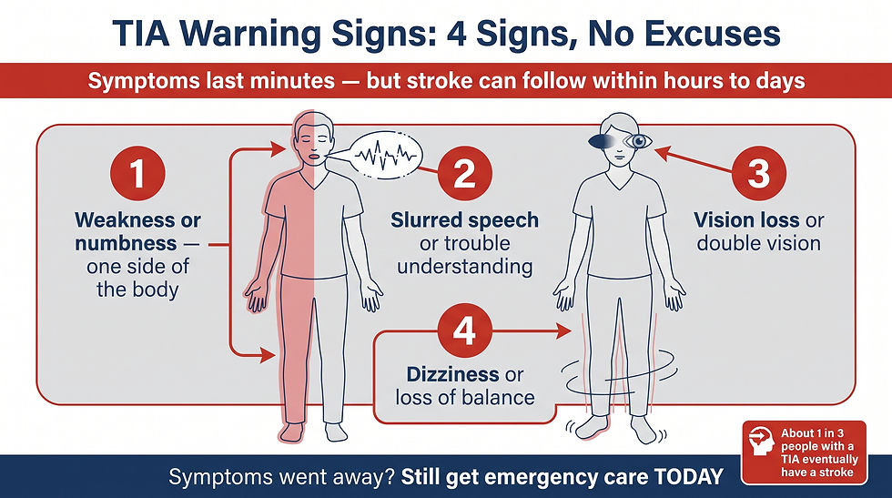 Four warning signs of a transient ischemic attack: one-sided weakness, slurred speech, vision changes, and balance loss — symptoms that need emergency evaluation even if they go away