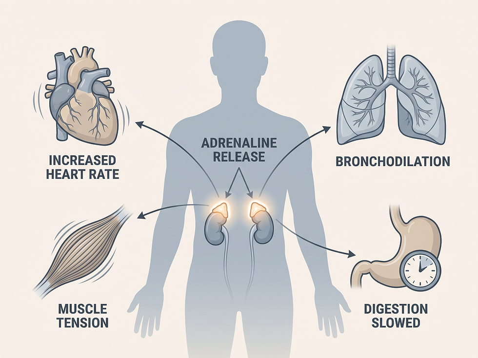 Diagram of the adrenaline fight-or-flight response, showing effects on the heart, lungs, muscles and digestion
