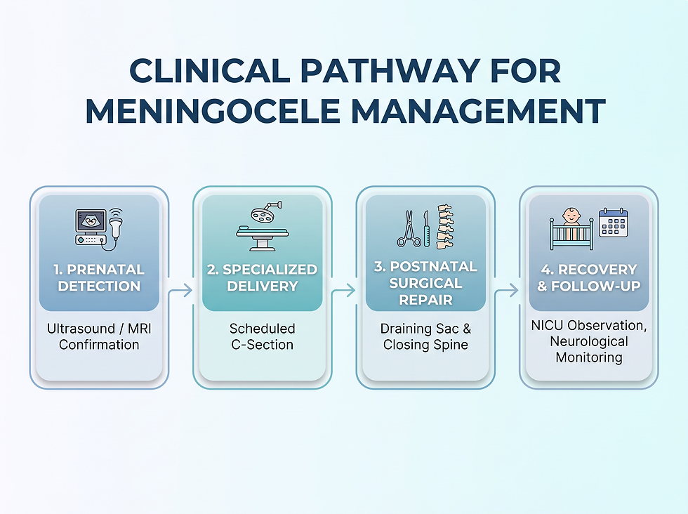 Diagram showing the clinical pathway for meningocele, from prenatal imaging and C-section delivery to postnatal surgical repair and recovery.