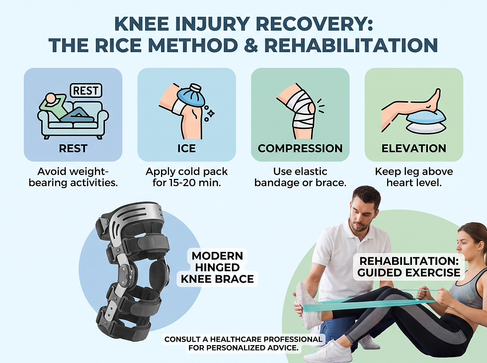 A professional medical infographic illustrating the RICE method and a knee brace, alongside a physical therapy scene focusing on knee strengthening exercises.