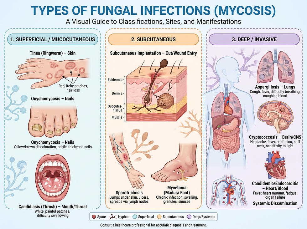 Types of fungal infections (mycosis): superficial and mucocutaneous, subcutaneous, and deep or invasive infections with their sites and manifestations