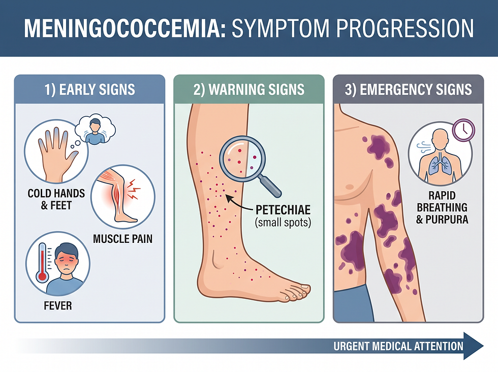 Infographic showing meningococcemia symptom progression from early signs such as fever, cold hands and feet, and muscle pain, to warning signs such as petechiae, to emergency signs including rapid breathing and purpura.